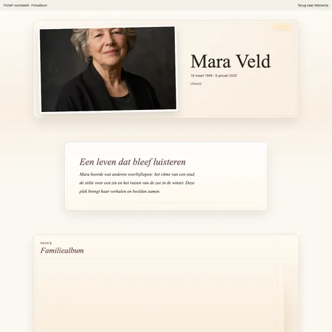 Fotoalbum, ingevulde voorbeeldwebsite voor de fictieve Mara Veld
