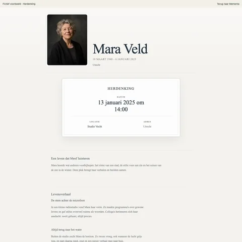 Herdenking, ingevulde voorbeeldwebsite voor de fictieve Mara Veld