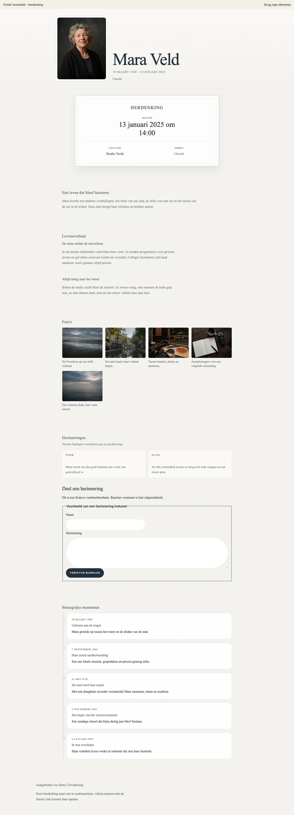 Herdenking, ingevulde voorbeeldwebsite voor de fictieve Mara Veld