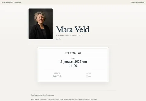 Herdenking, ingevulde voorbeeldwebsite voor de fictieve Mara Veld