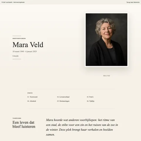 Herinneringsboek, ingevulde voorbeeldwebsite voor de fictieve Mara Veld