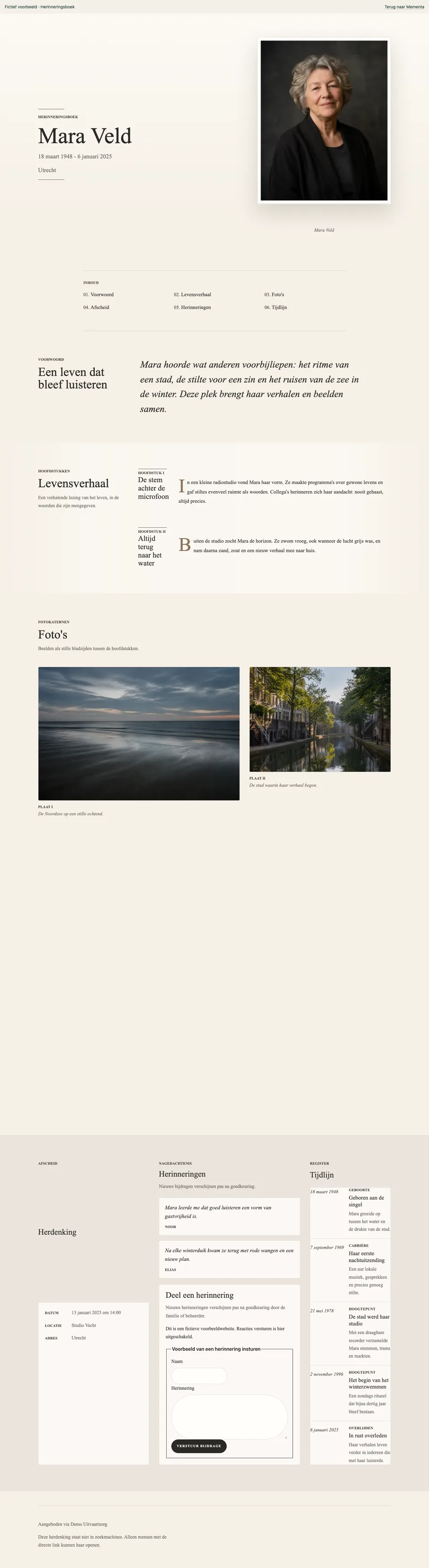 Herinneringsboek, ingevulde voorbeeldwebsite voor de fictieve Mara Veld