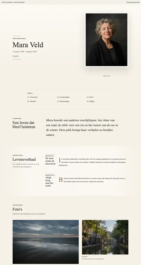 Herinneringsboek, ingevulde voorbeeldwebsite voor de fictieve Mara Veld