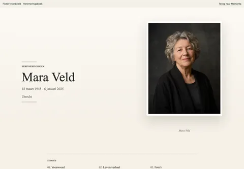 Herinneringsboek, ingevulde voorbeeldwebsite voor de fictieve Mara Veld