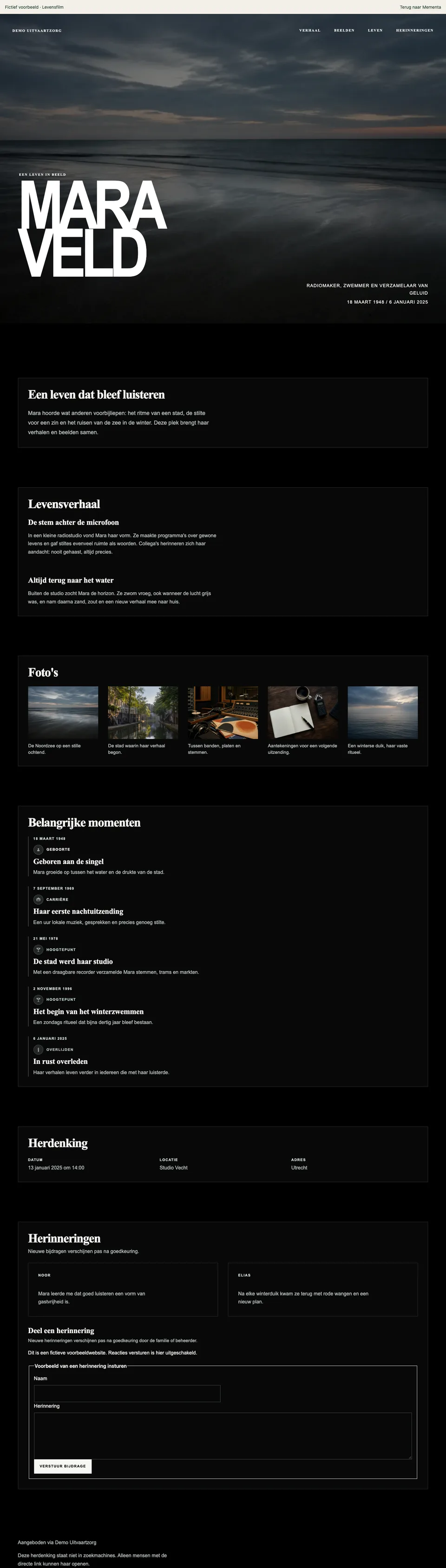 Levensfilm, ingevulde voorbeeldwebsite voor de fictieve Mara Veld