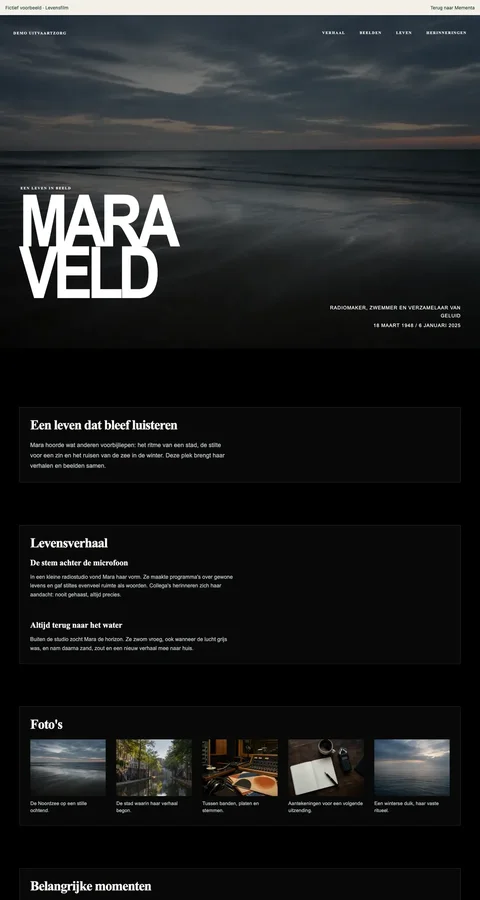 Levensfilm, ingevulde voorbeeldwebsite voor de fictieve Mara Veld