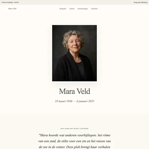 Portret, ingevulde voorbeeldwebsite voor de fictieve Mara Veld
