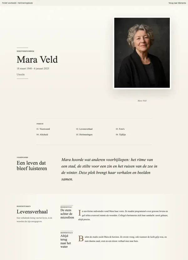 Het ontwerp Herinneringsboek met fictieve inhoud van Mara Veld