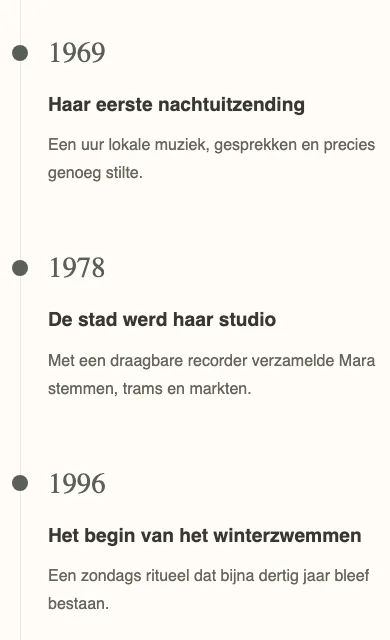Een tijdlijn met gebeurtenissen uit het leven van de fictieve Mara Veld