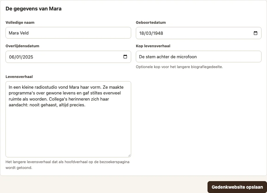 Ingevuld Mementa-formulier met Mara Veld en het levensverhaal De stem achter de microfoon.