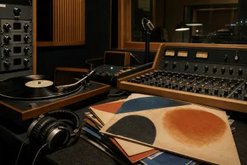 Analoge radiostudio met draaitafel, platen en koptelefoon